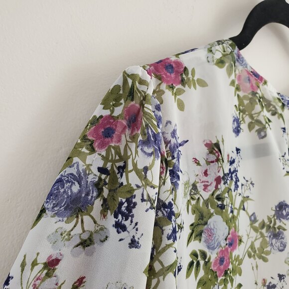 White Kimono Floral Ruffle Style Cardigan Sheer Beaded S Small Handkerchief Hem - Picture 8 of 12